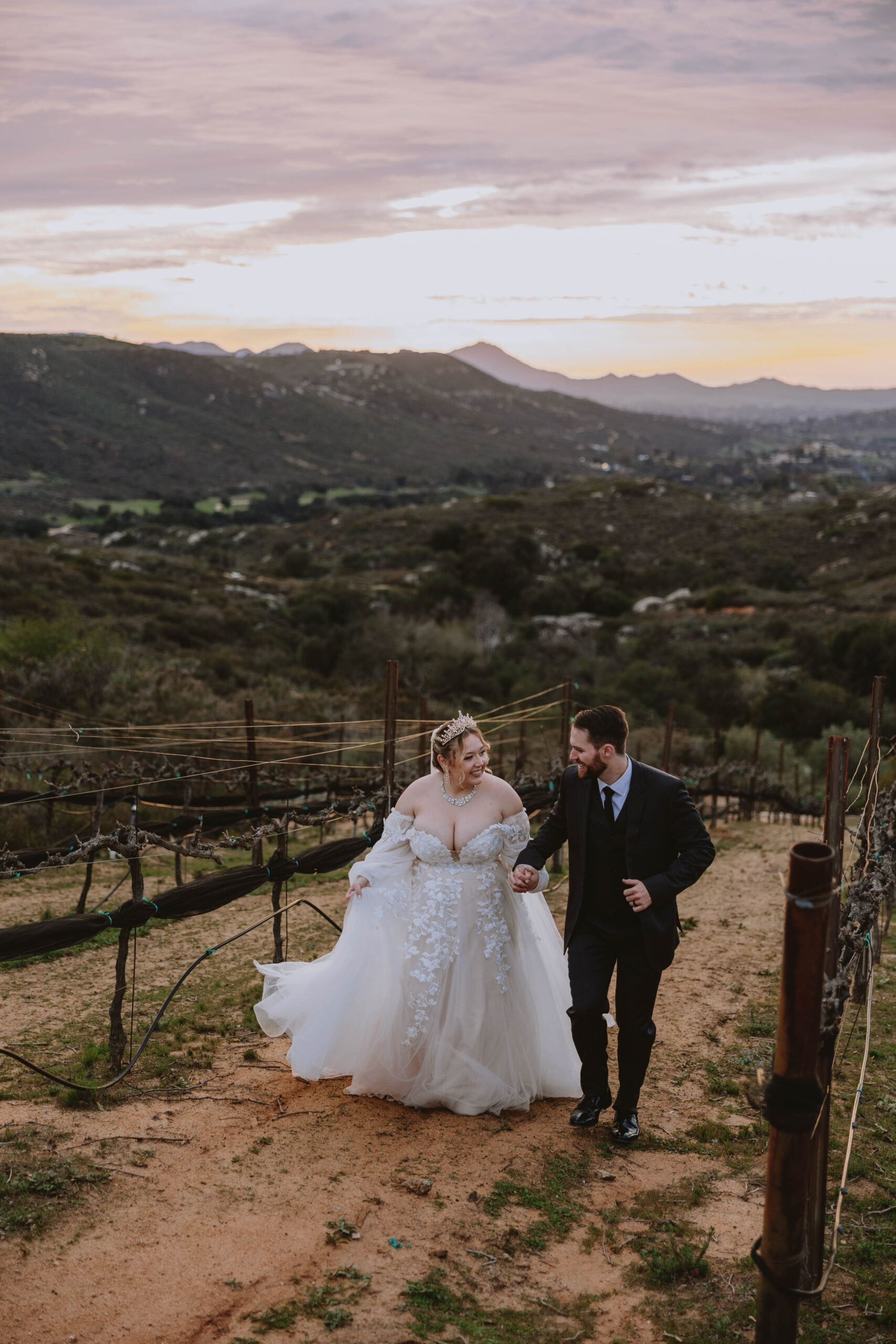 bride and groom walk through vineyard